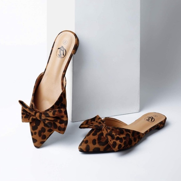 ✖️POINTY MULE LEOPARD BOW WOMANS FLAT SHOE *NEW* - Picture 5 of 7